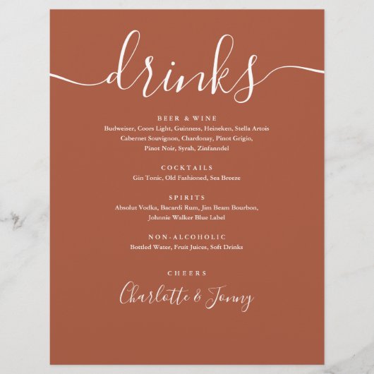 Terracotta Modern Script Trouw Dranken Menu (Voorkant)