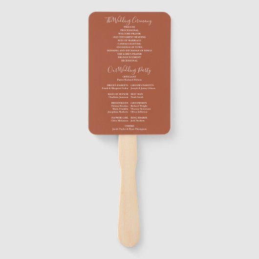 Terracotta Modern Script Wedding Programme Handwaaier (Achterkant)