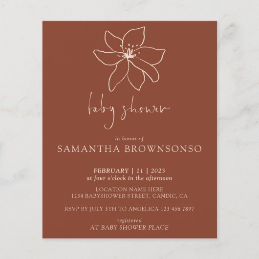 Terracotta Moderne Botanische Budget Baby Shower Flyer (Voorkant)