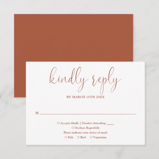 Terracotta moderne chic elegante scriptie bruiloft RSVP kaartje (Voorkant / Achterkant)