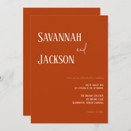 Terracotta moderne elegante bruiloft uitnodiging (Voorkant / Achterkant)