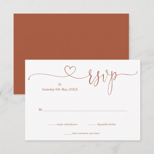 Terracotta moderne elegante script hart RSVP kaartje (Voorkant / Achterkant)