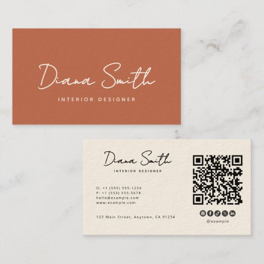 Terracotta moderne minimalistische QR-code Visitekaartje (Voorkant / Achterkant)