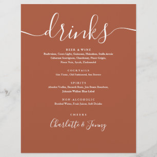 Terracotta Moderner Script Huwelijksdrankjes Menu