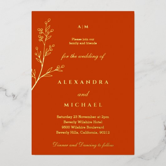 Terracotta Monogram Botanisch Minimalistisch Goud Folie Uitnodiging (Voorkant)