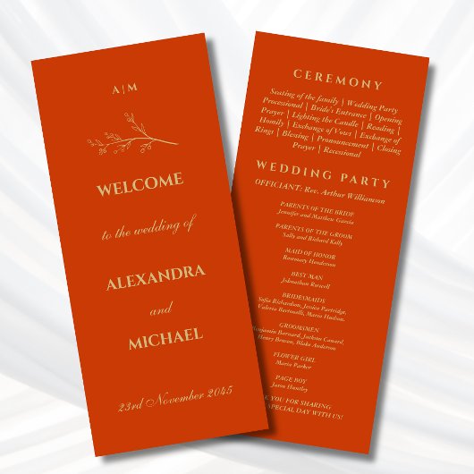 Terracotta Monogram Botanische Minimalistische Huw Programmakaart