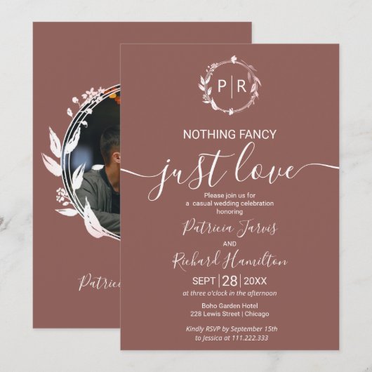 Terracotta Monogram Calligrafie Foto Weddenschap Kaart (Voorkant / Achterkant)