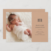 Terracotta Monogram Minimalistische Fotogeboorte Aankondiging (Voorkant / Achterkant)