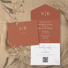 Terracotta Monogram Minimalistische QR Code Trouwk All In One Uitnodiging