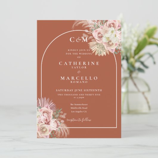 Terracotta Monogram Pampas Gras Foto Trouw  Kaart (Staand voorkant)