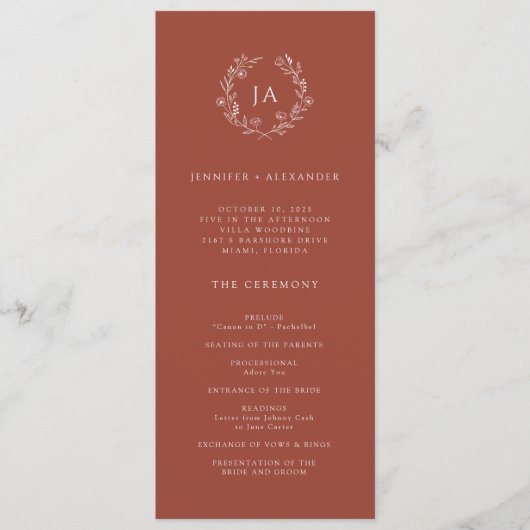 Terracotta Monogram Wedding Programmakaart (Voorkant)