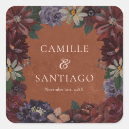 Terracotta Moody Bloemen Huwelijksstickers Vierkante Sticker