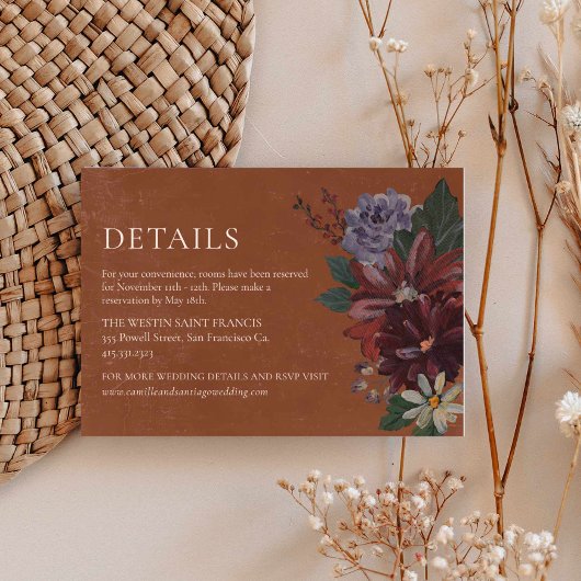 Terracotta Moody Floral Wedding Details Kaart