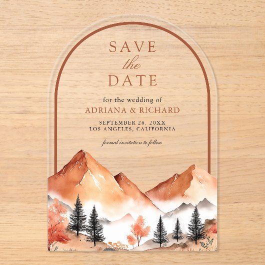 Terracotta Mountain Arch Wedding Bewaar de datum Acryl Uitnodigingen (Voorkant)