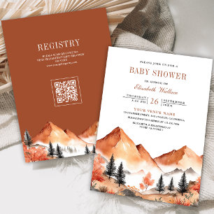 Terracotta Mountain Forest QR Code Baby shower Kaart