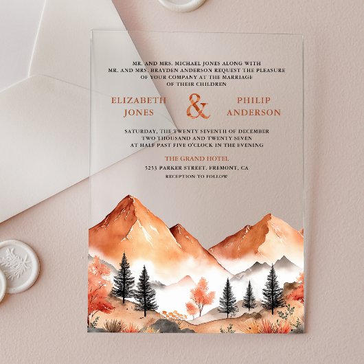 Terracotta Mountain Forest Wedding Acryl Uitnodigingen