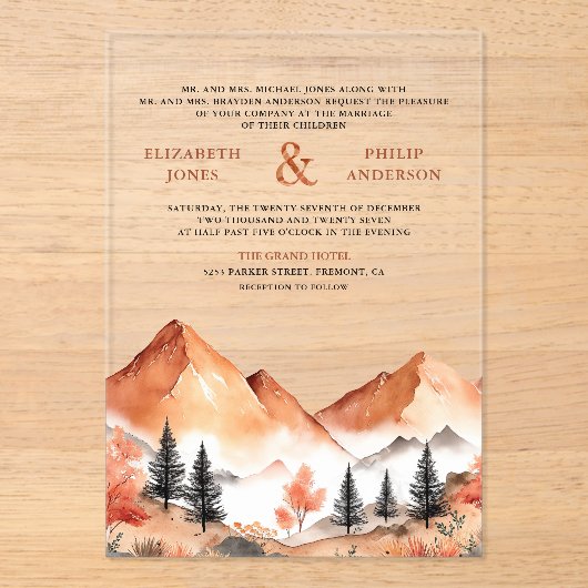 Terracotta Mountain Forest Wedding Acryl Uitnodigingen (Voorkant)