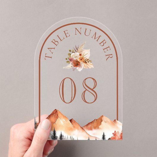 Terracotta Mountain Wedding Acrylic Table Number Acryl Uitnodigingen (Insitu (Draagbaar))