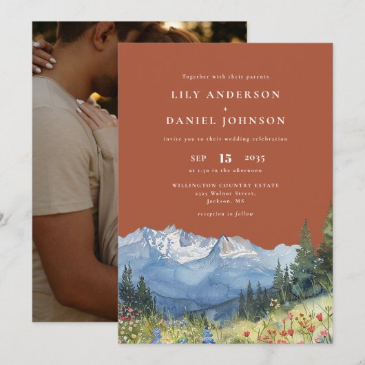 Terracotta Mountain Wildflower Photo Wedding Kaart (Voorkant / Achterkant)