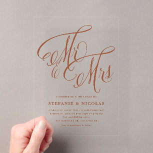 Terracotta Mr en Mrs Rustic Calligraphy Trouw  Acryl Uitnodigingen