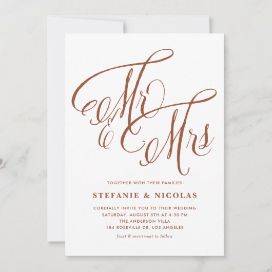 Terracotta Mr. en Mrs. Rustic Calligraphy Trouwen Kaart (Voorkant)