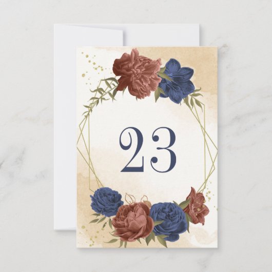Terracotta Navy Blauw Bloemen Geometrisch Tafelnum Kaart (Voorkant)