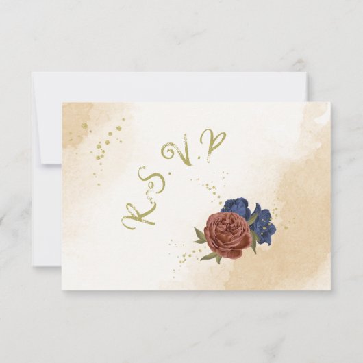 Terracotta Navy Blauw Bloemen Groen Maaltijd keuze RSVP Kaartje (Achterkant)