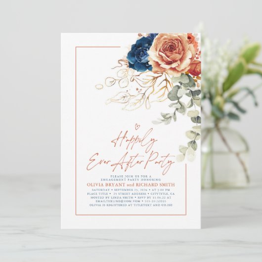 Terracotta & Navy Blauw Bloemen Verlovingsfeest Kaart (Staand voorkant)