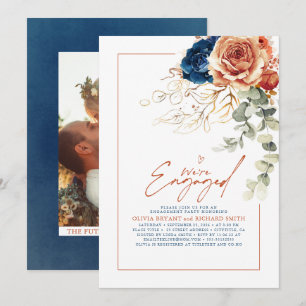 Terracotta & Navy Blauw Bloemen Verlovingsfeest Kaart