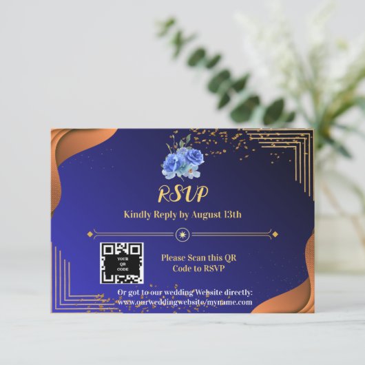 Terracotta Navy Blauw Elegant RSVP Kaartje (Staand voorkant)