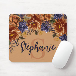 Terracotta Navy Blauwe Aquarel Bloemige Monogram  Muismat