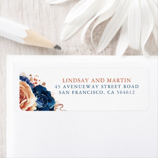 Terracotta Navy Blauwe Bloemen Elegante Boho Label (Insitu)