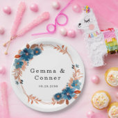 Terracotta Navy Blauwe Bloemige Trouw  Papieren Bordje (Feest)