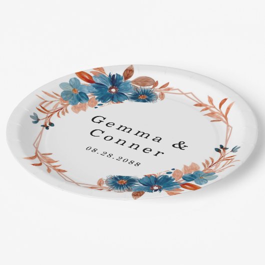 Terracotta Navy Blauwe Bloemige Trouw  Papieren Bordje (Gekanteld)