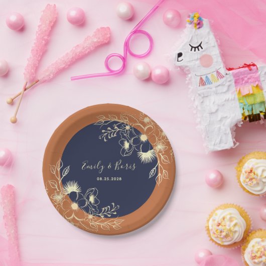 Terracotta Navy Bloemen Huwelijk Papieren Bordje (Feest)