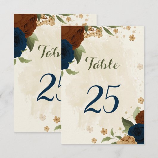 Terracotta Navy Bloementafel Nummer Kaart (Voorkant / Achterkant)