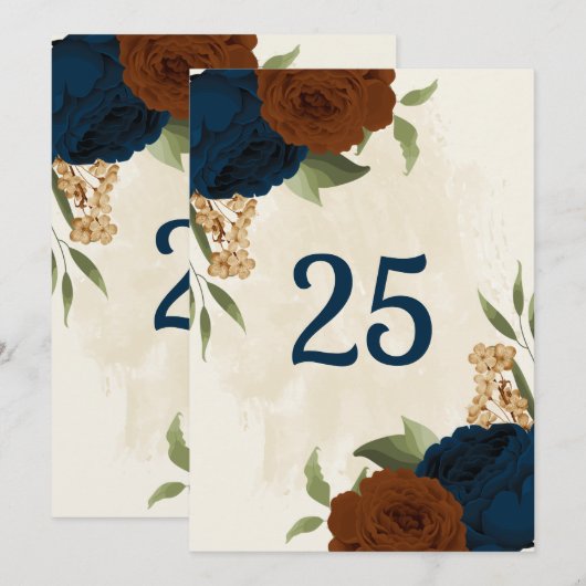 Terracotta Navy Bloementafel Nummer Kaart (Voorkant / Achterkant)