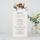 Terracotta Navy Blue Botanical Wedding Menu Kaart (Staand voorkant)