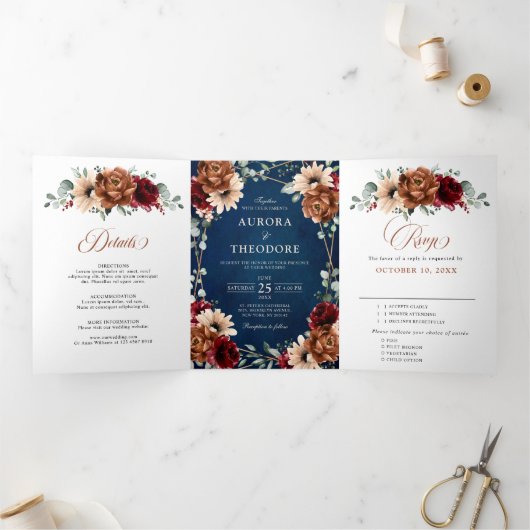 Terracotta Navy Blue Bourgondië Geometrische bruil Drieluik Aankondiging (Binnen)