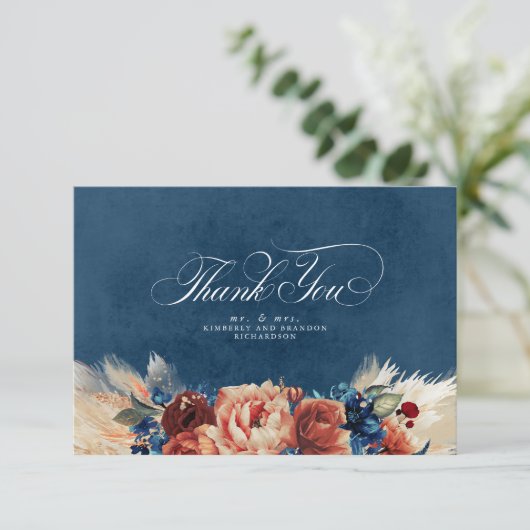Terracotta Navy Blue Floral Boho Weddenschap Bedankkaart (Staand voorkant)