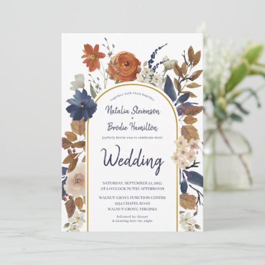 Terracotta Navy Blue Floral Boho Wedding Kaart (Staand voorkant)