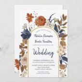 Terracotta Navy Blue Floral Boho Wedding Kaart (Voorkant / Achterkant)