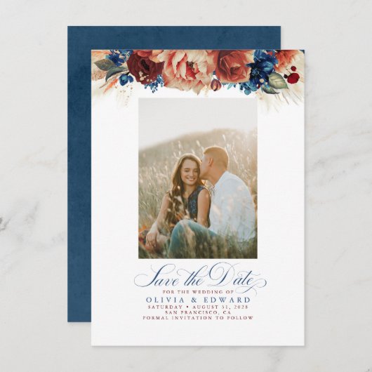 Terracotta Navy Blue Floral Save the Date Photo (Voorkant / Achterkant)