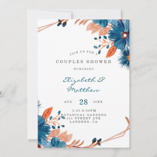 Terracotta Navy Blue Florals Couples Shower Kaart (Voorkant)