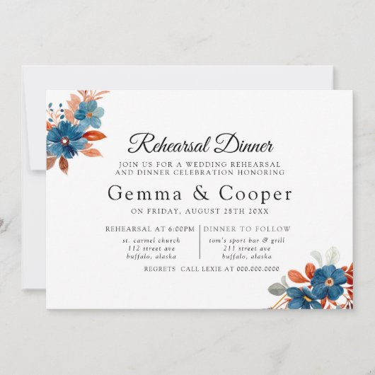 Terracotta Navy Blue Florals Rehearsal Dinner Kaart (Voorkant)