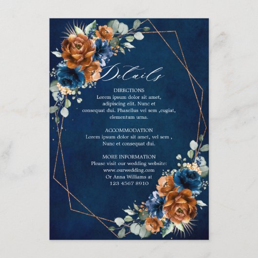 Terracotta Navy Blue Geometric Wedding Details Enc Informatiekaartje (Voorkant)
