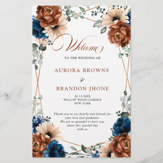 Terracotta Navy Blue Geometric Wedding Programme (Voorkant)