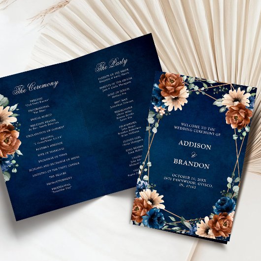 Terracotta Navy Blue Geometric Wedding Programme