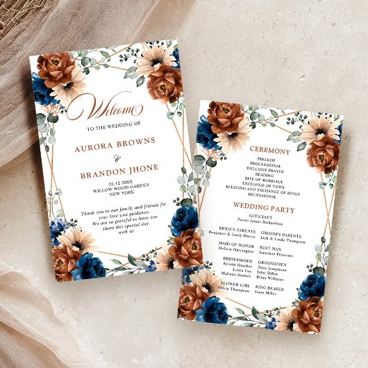 Terracotta Navy Blue Geometric Wedding Programme