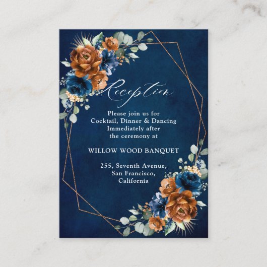Terracotta Navy Blue Geometric Wedding Reception E Informatiekaartje (Voorkant)